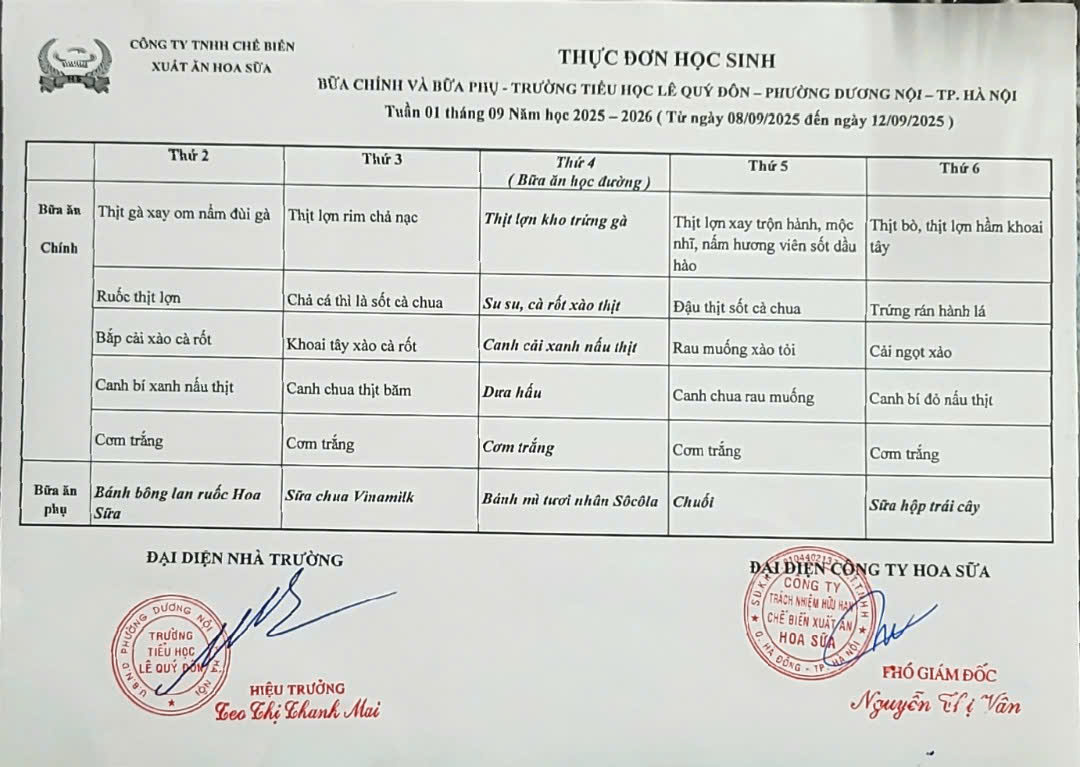 Thực đơn tuần 1- Năm học 2025-2026