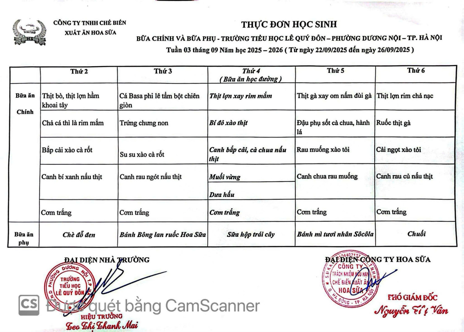 Thực đơn tuần 3- Năm học 2025-2026