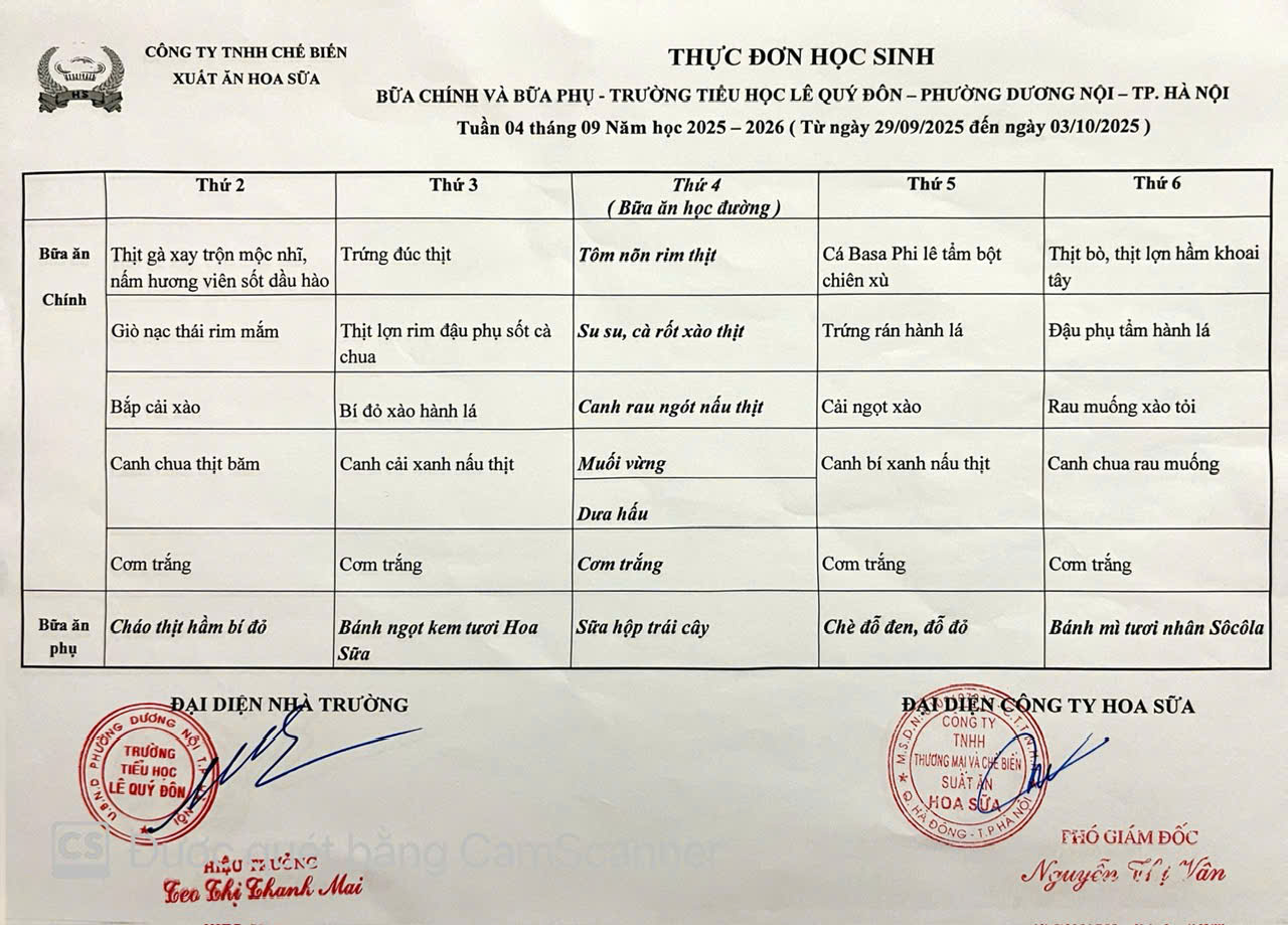 Thực đơn tuần 4- Năm học 2025-2026