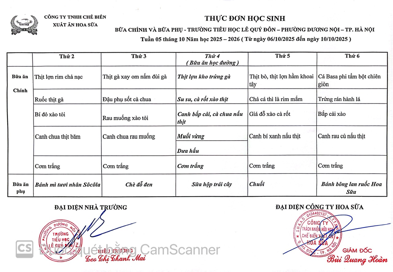 Thực đơn tuần 5 - Năm học 2025-2026