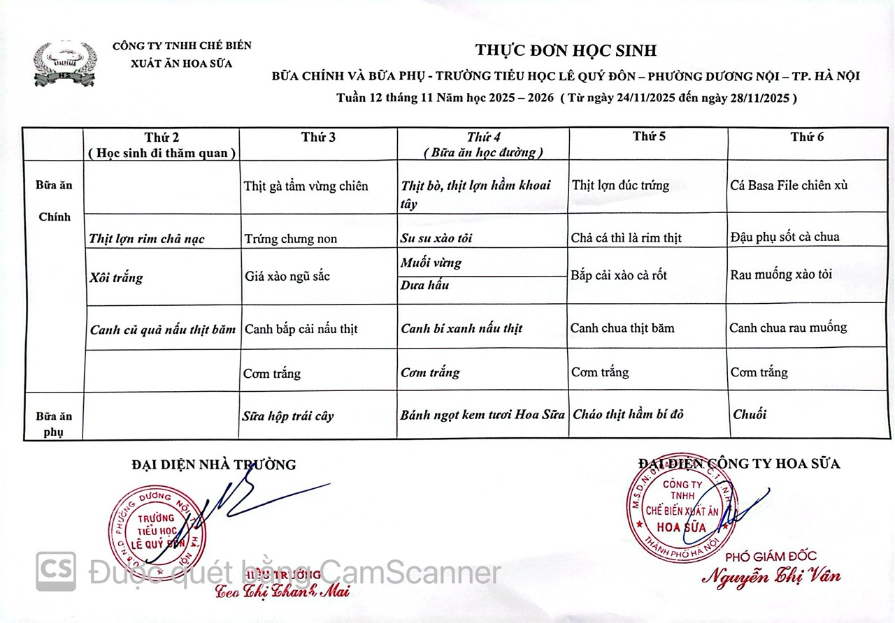 Thực đơn tuần 12 - Năm học 2025-2026