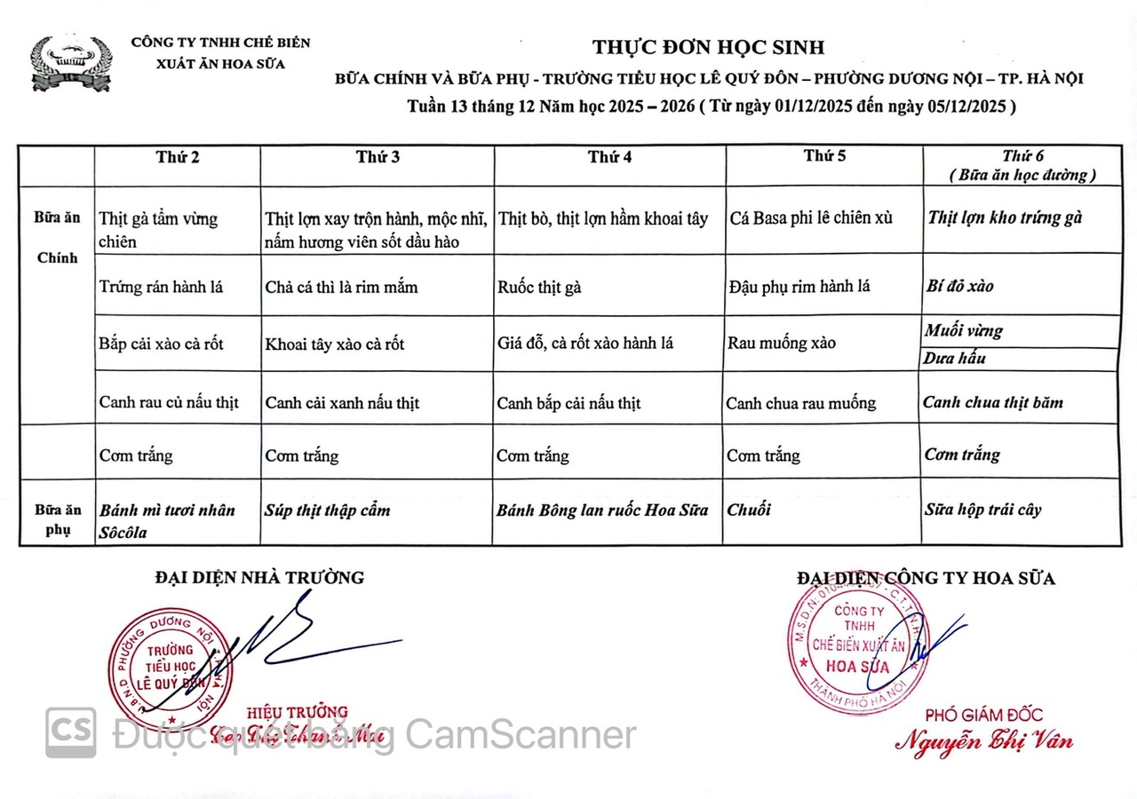 Thực đơn tuần 13 - Năm học 2025-2026