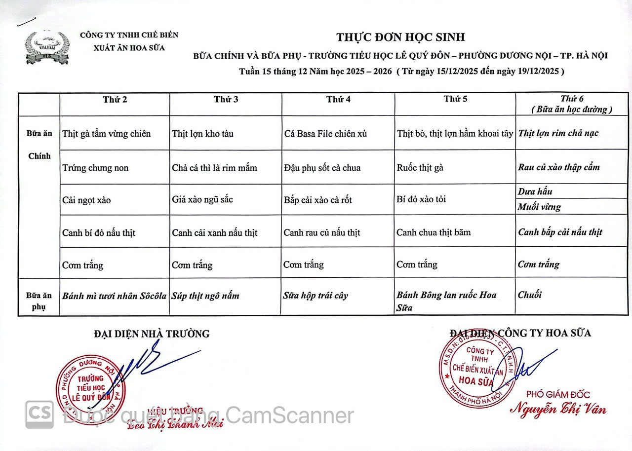 Thực đơn tuần 15 - Năm học 2025 - 2026