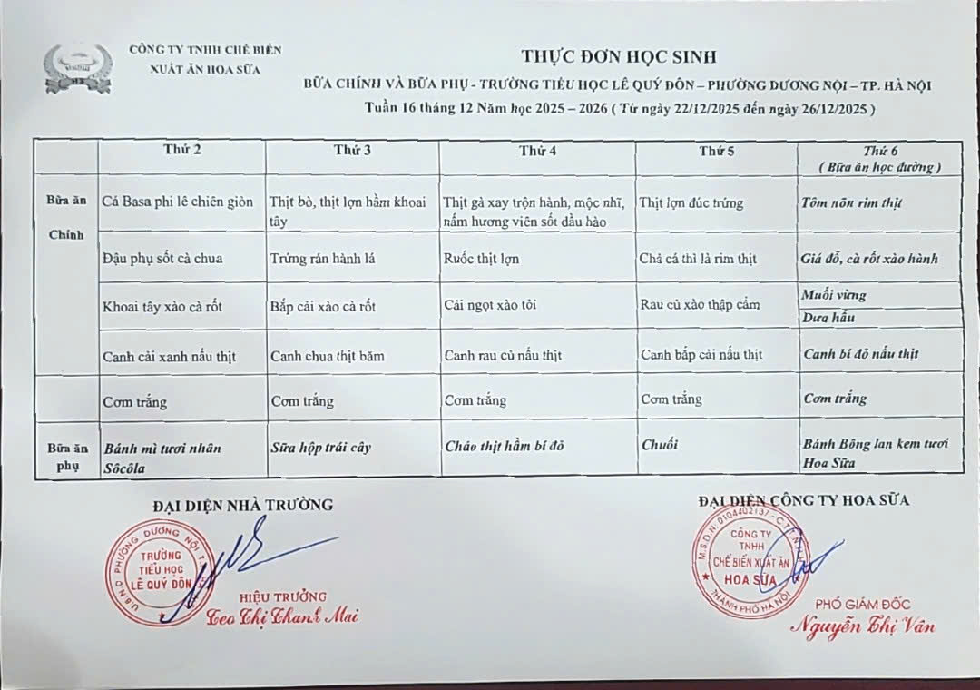 Thực đơn tuần 16 - Năm học 2025 - 2026