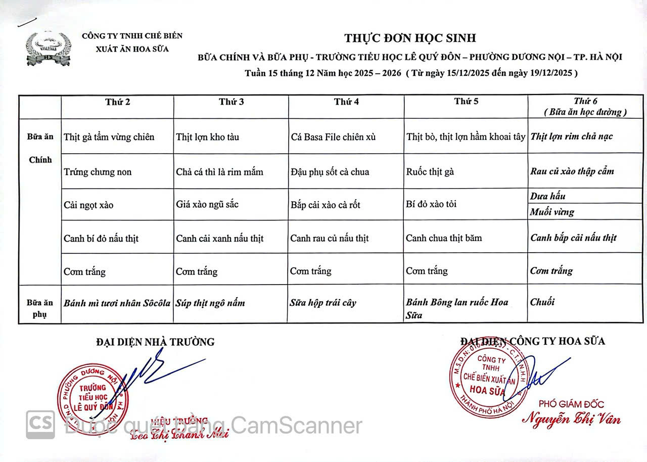 Thực đơn tuần 17 - Năm học 2015-2026