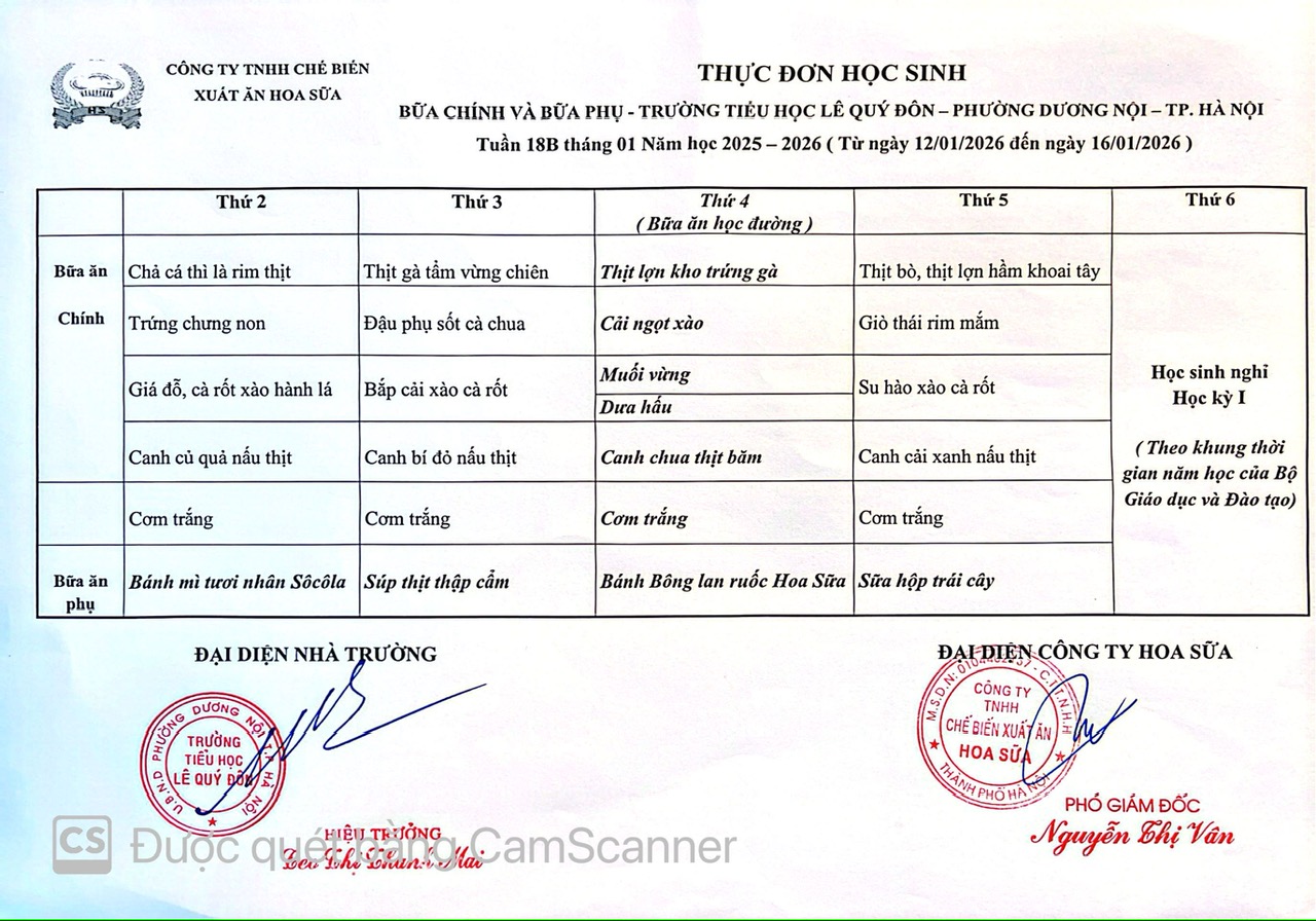 Thực đơn tuần 18B - Năm học 2025-2026
