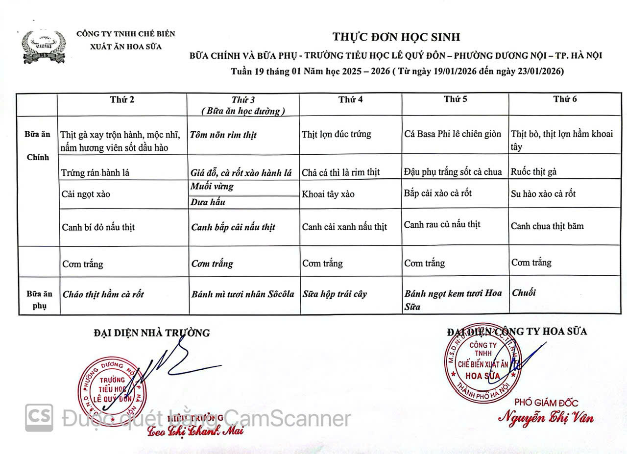 Thực đơn tuần 19 - Năm học 2025-2026