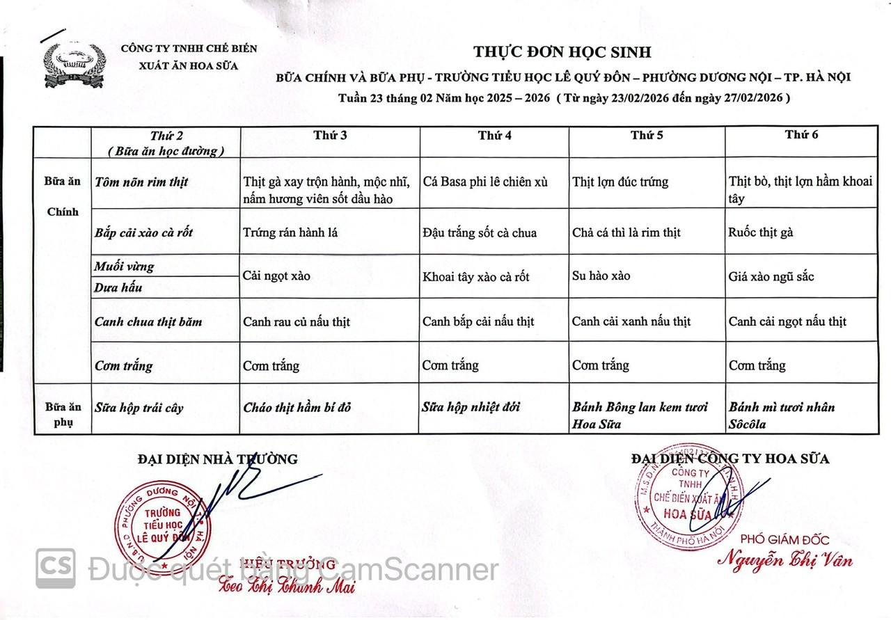 Thực đơn tuần 23- Năm học 2025-2026