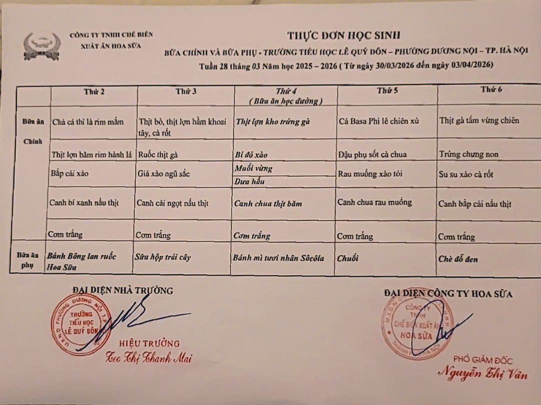 Thực đơn tuần 28- Năm học 2025-2026