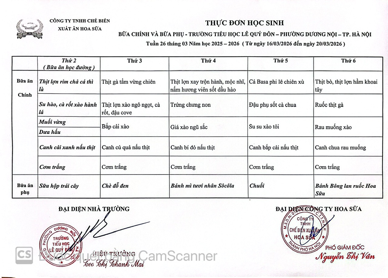 Thực đơn tuần 26- Năm học 2025-2026