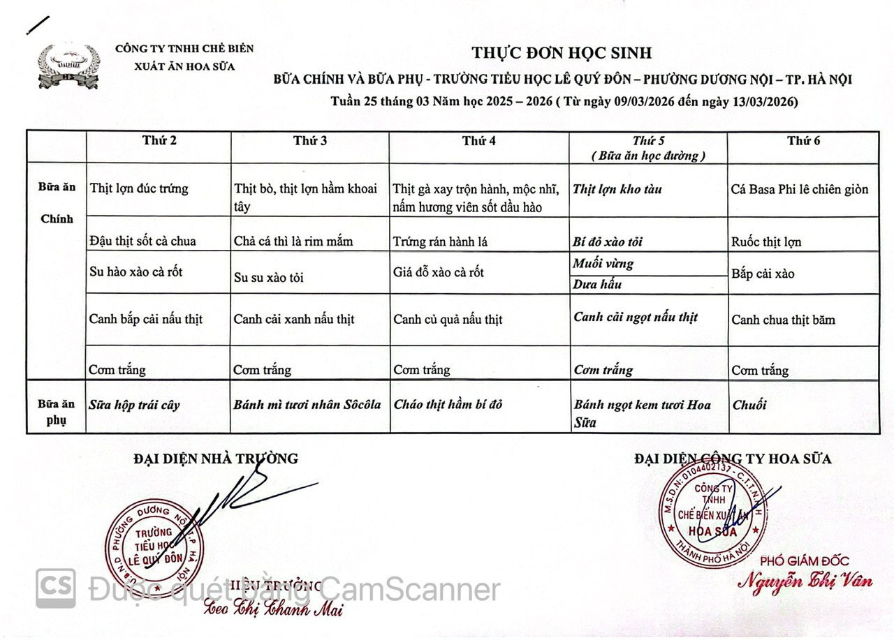Thực đơn tuần 25- Năm học 2025-2026