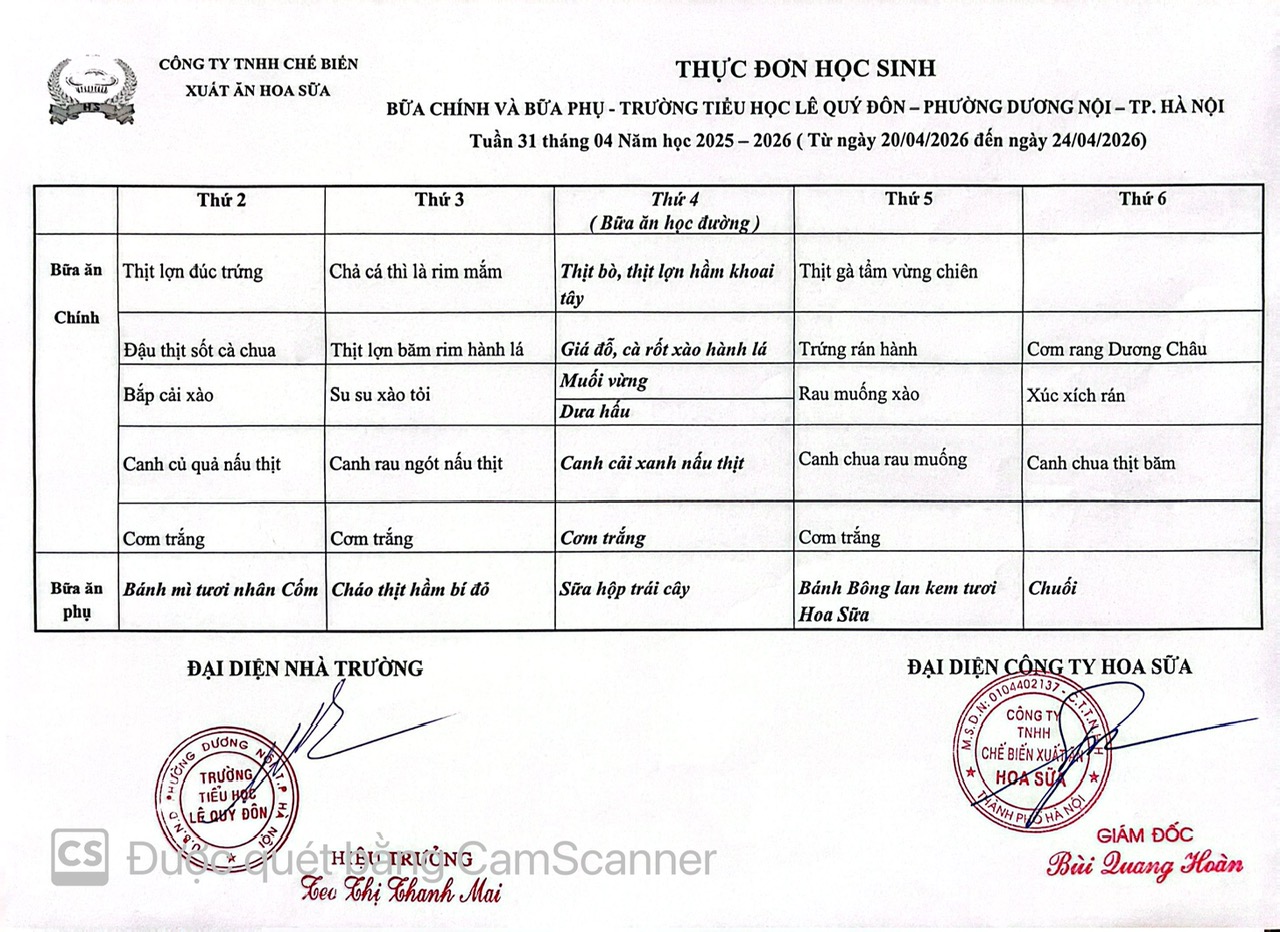 Thực đơn tuần 31- Năm học 2025-2026