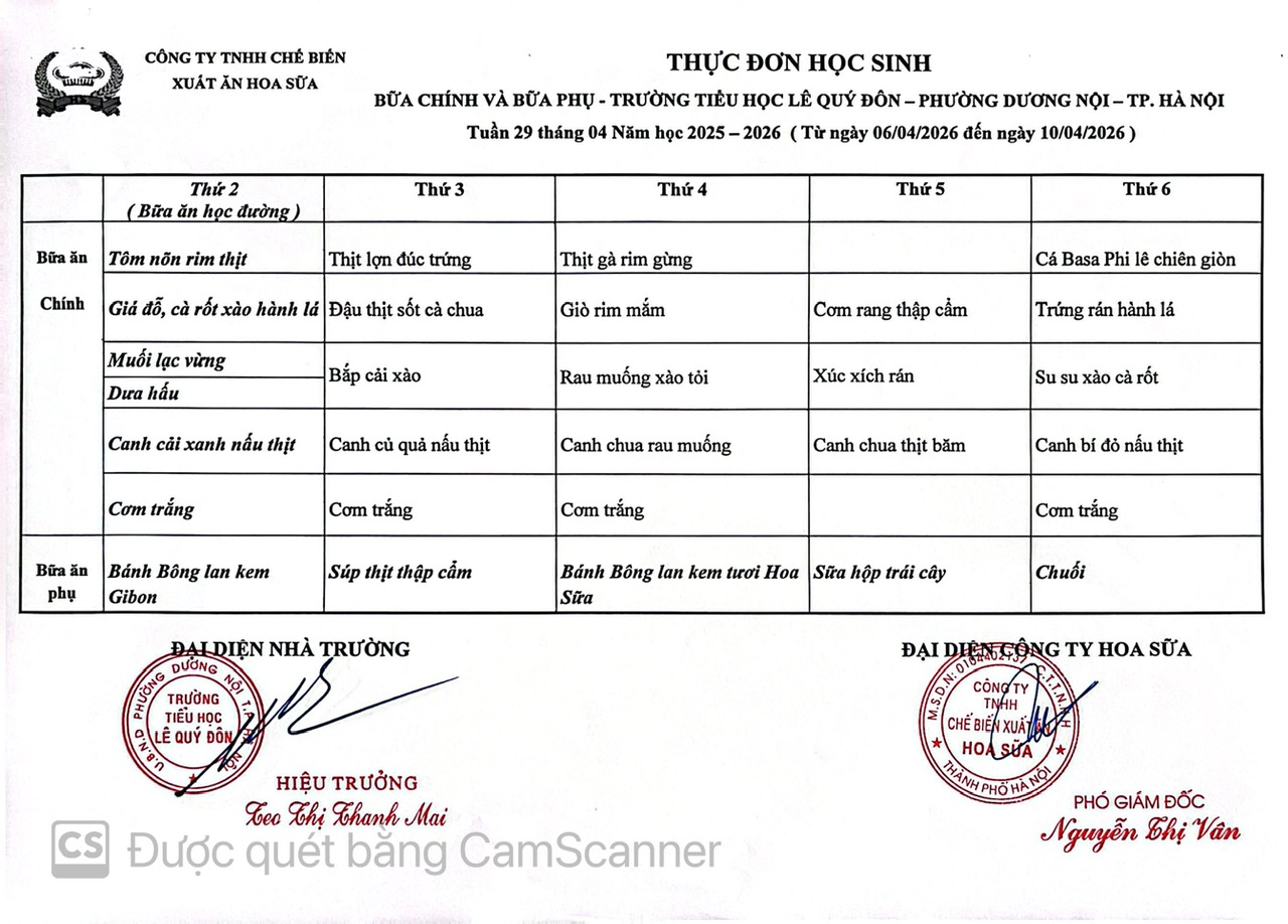 Thực đơn tuần 29- Năm học 2025-2026