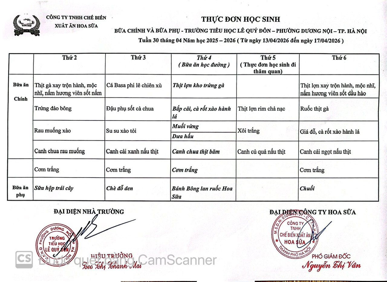 Thực đơn tuần 30- Năm học 2025-2026