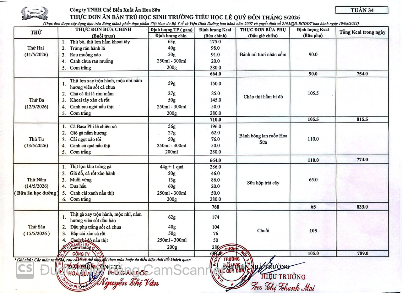 Thực đơn tuần 34- Năm học 2025-2026