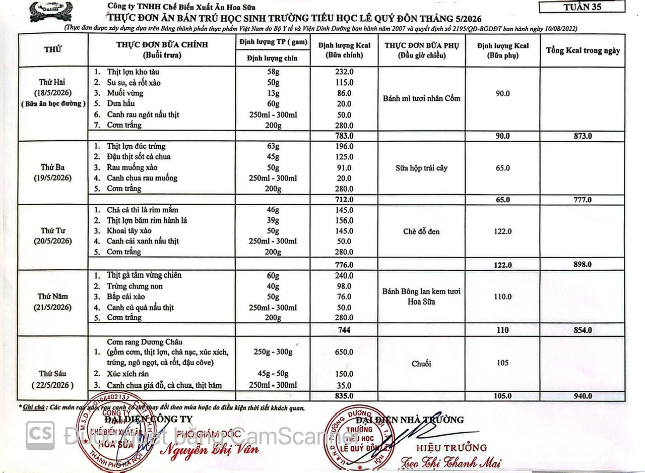 Thực đơn tuần 35- Năm học 2025-2026