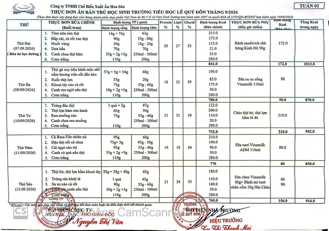 Thực đơn Tuần 1 tháng 9 năm học 2026-2027