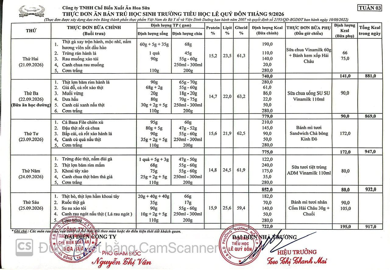 Thực đơn tuần 3 tháng 9 năm học 2026-2027