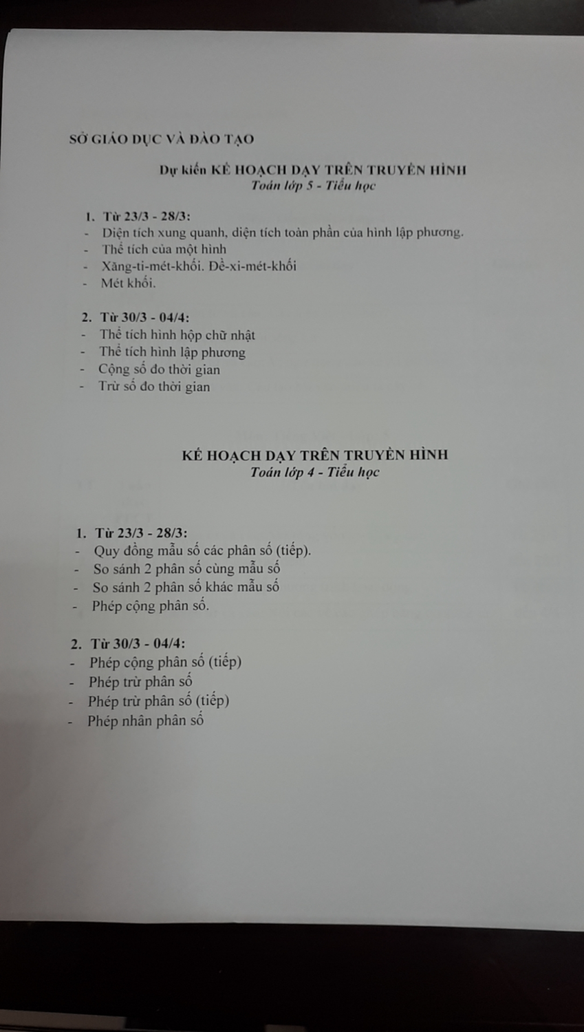 Lịch học trực tuyến cho học sinh khối 4 - 5