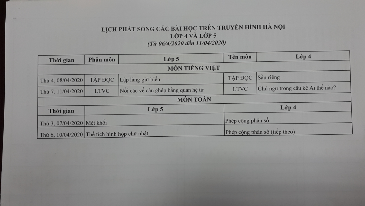 Lịch học trên Truyền hình (từ ngày 06/04/2020 - 11/04/2020)