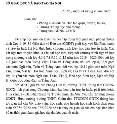 THÔNG TIN PHÁT SÓNG  CÁC TIẾT DẠY TRÊN ĐÀI PHÁT THANH VÀ TRUYỀN HÌNH HÀ NỘI TUẦN TỪ 27/4/2020 ĐẾN 02/5/2020