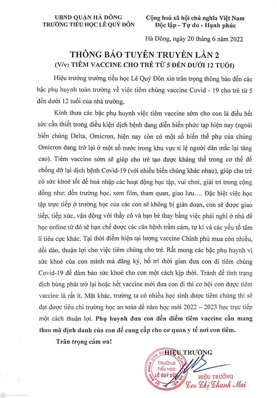Thông báo tuyên truyền lần 2 về việc tiêm vaccine cho trẻ từ  5 đến dưới 12/