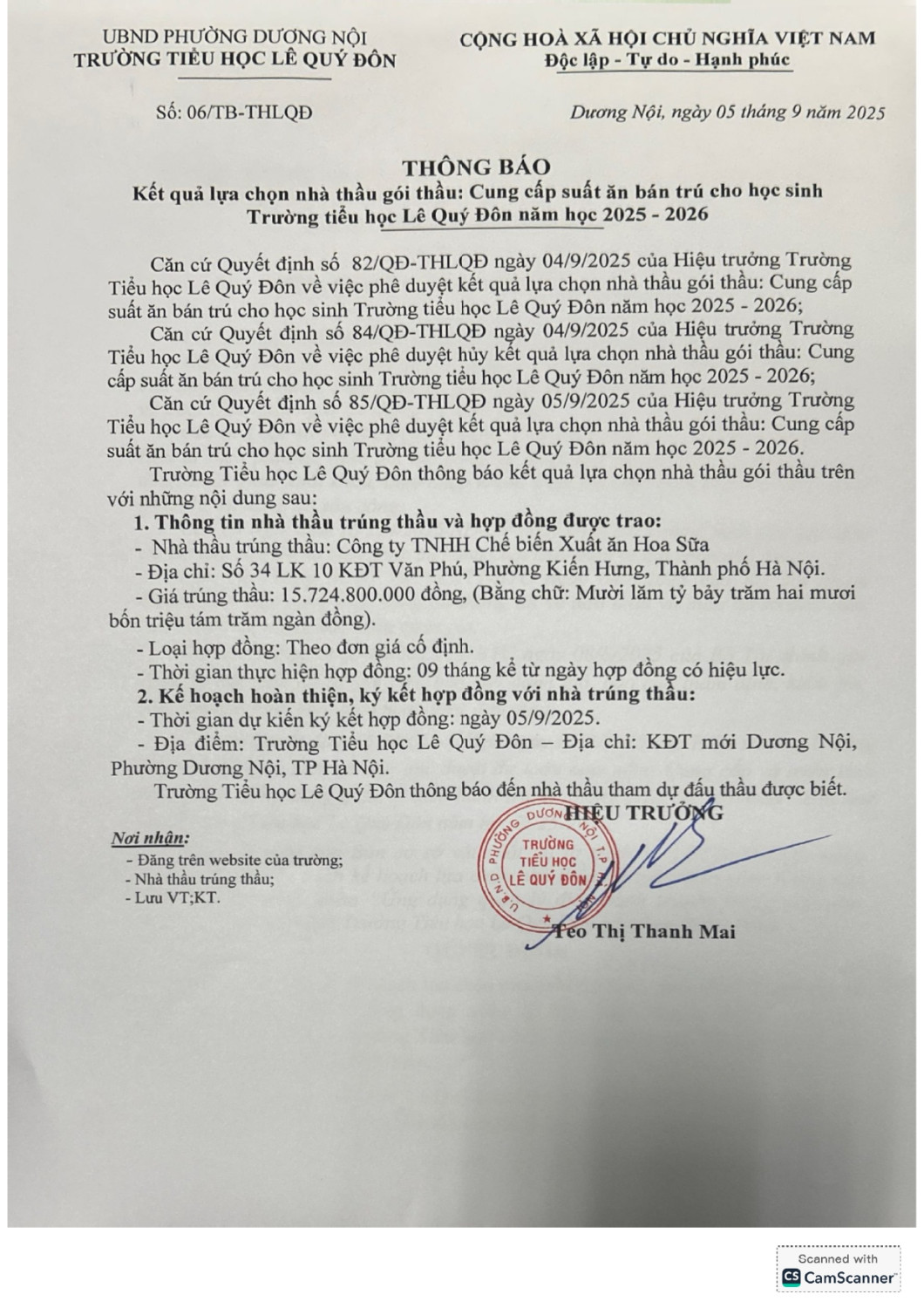 Thông báo kết quả lựa chọn nhà thầu gói thầu: Cung cấp suất ăn bán trú cho học sinh Trường tiểu học Lê Quý Đôn năm học 2025 - 2026