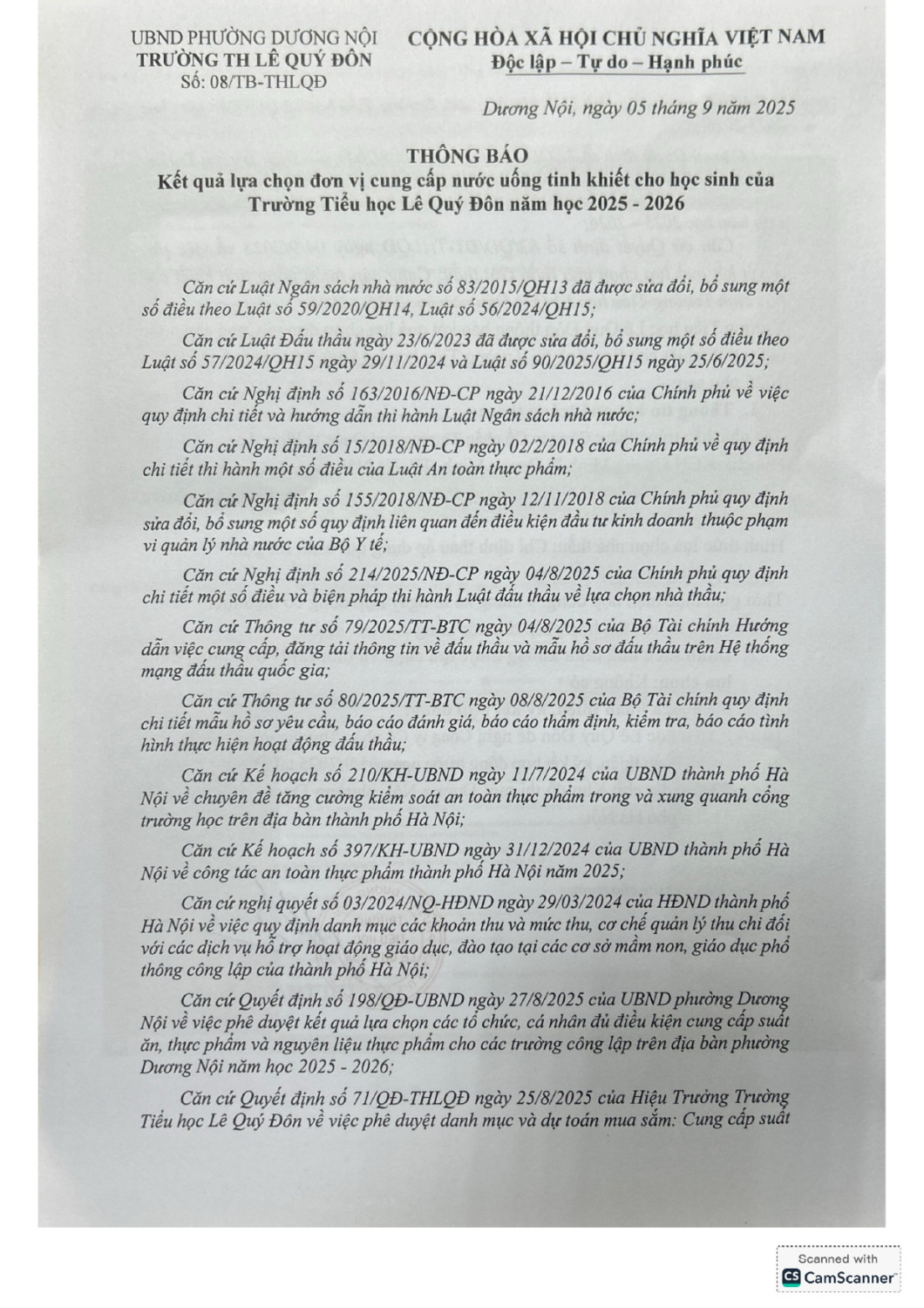 Thông báo kết quả lựa chọn đơn vị cung cấp nước uống tinh khiết cho học sinh của Trường Tiểu học Lê Quý Đôn năm học 2025 - 2026