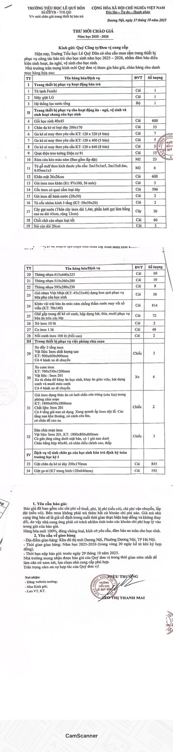 Thông báo thư mời chào giá trang thiết bị bán trú năm học 2025-2026