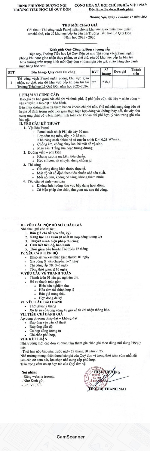 THƯ MỜI CHÀO GIÁ Gói thầu: Thi công vách Panel ngăn phòng khu vực giao nhận thực phẩm, sơ chế thô, rửa đồ khu vực bếp ăn bán trú Trường Tiểu học Lê Quý Đôn năm học 2025 - 2026
