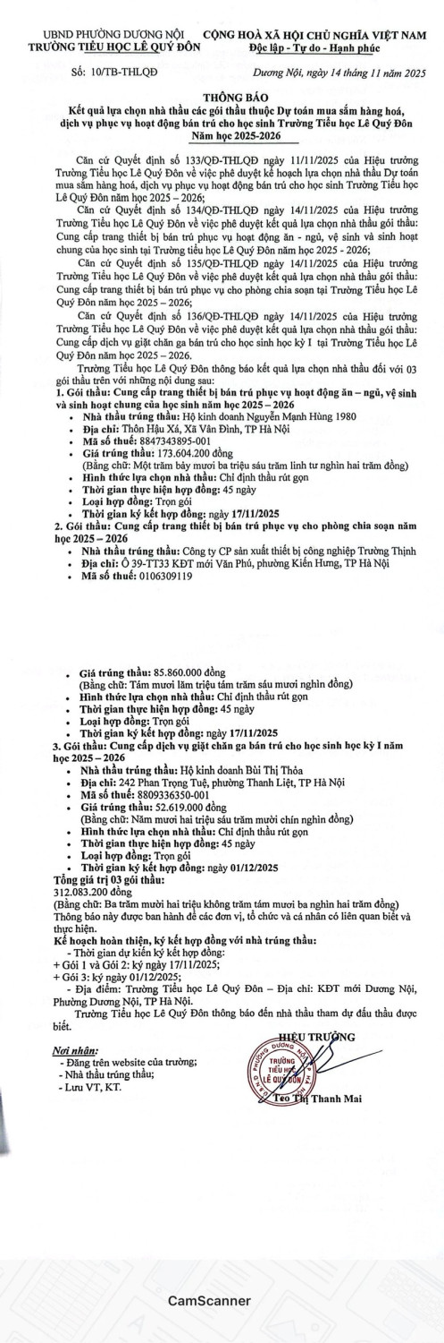 THÔNG BÁO Kết quả lựa chọn nhà thầu các gói thầu thuộc Dự toán mua sắm hàng hoá, dịch vụ phục vụ hoạt động bán trú cho học sinh Trường Tiểu học Lê Quý Đôn Năm học 2025-2026