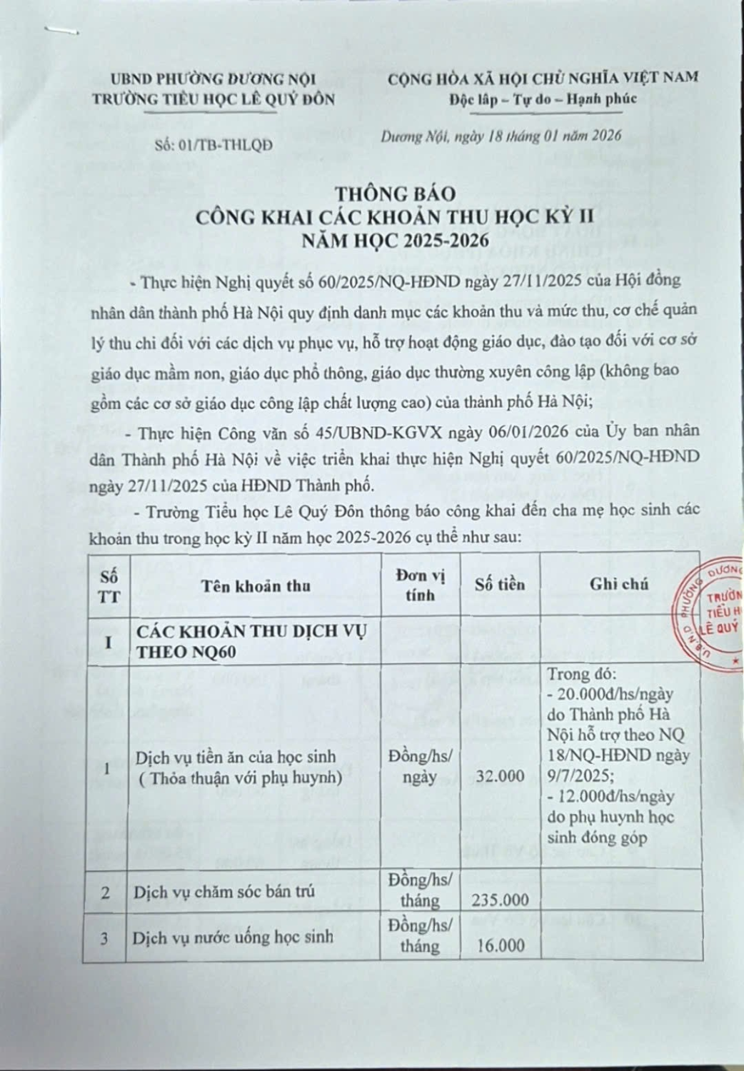 THÔNG BÁO CÔNG KHAI CÁC KHOẢN THU HỌC KỲ II NĂM HỌC 2025-2026