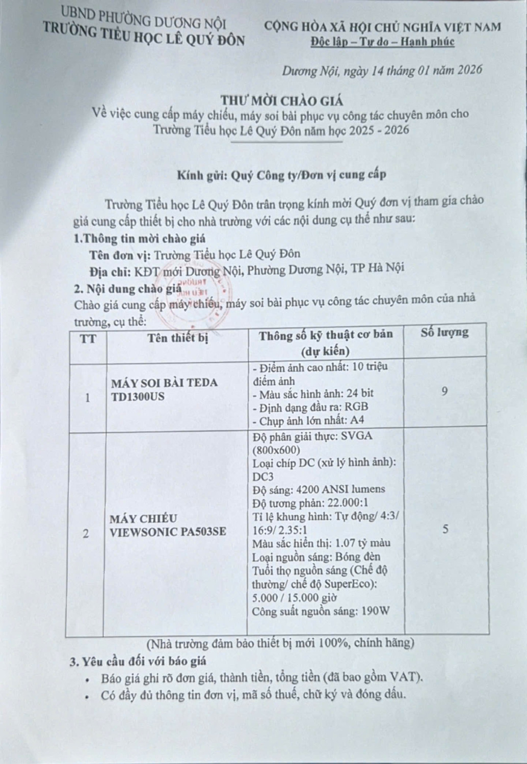 Thư mời chào giá về việc cung cấp máy chiếu, máy soi bài phục vụ công tác chuyên môn cho Trường Tiểu học Lê Quý Đôn năm học 2025 - 2026