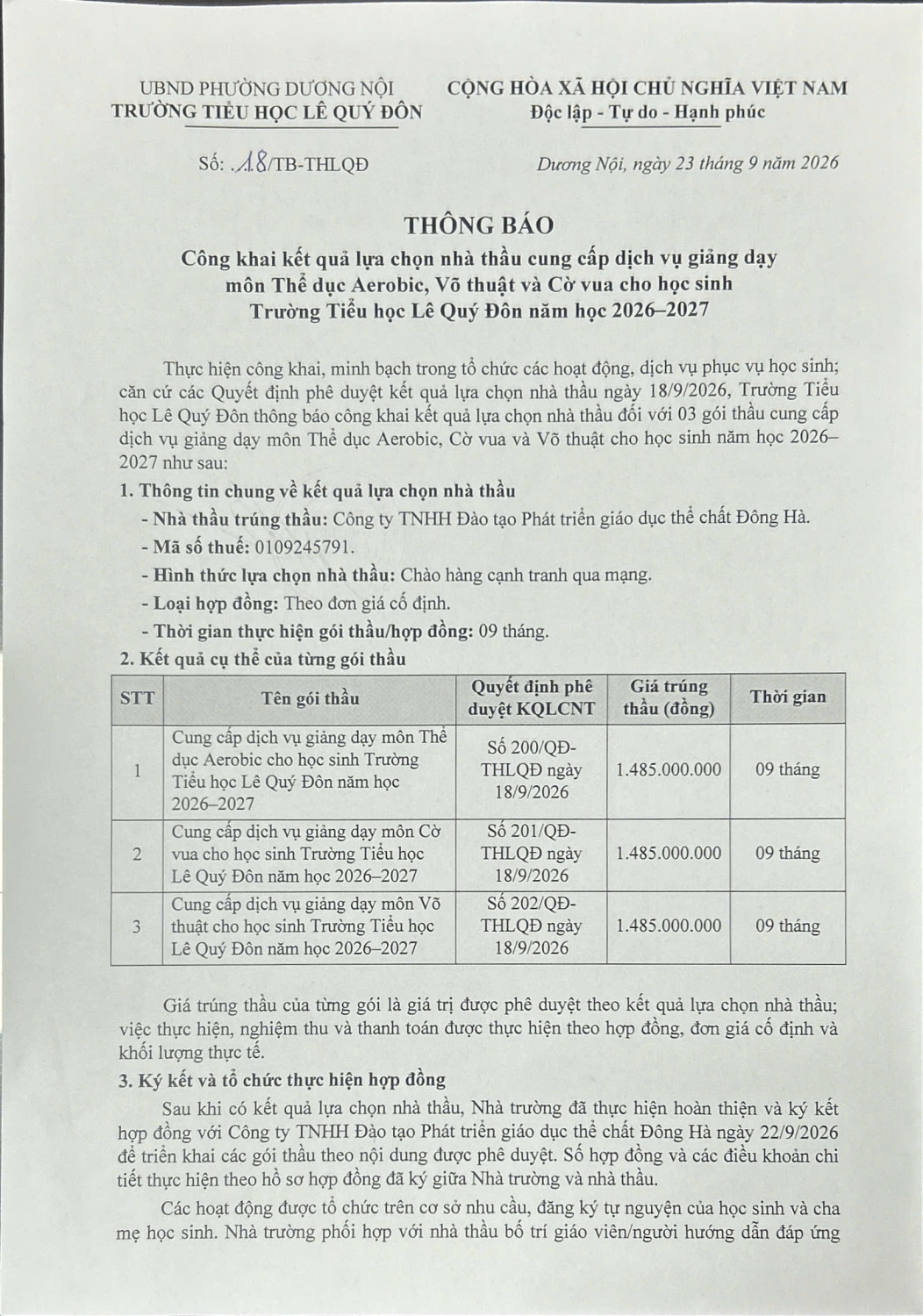 Thông báo Công khai kết quả lựa chọn nhà thầu cung cấp dịch vụ giảng dạy môn Thể dục Aerobic, Võ thuật và Cờ vua cho học sinh Trường Tiểu học Lê Quý Đôn năm học 2026 - 2027