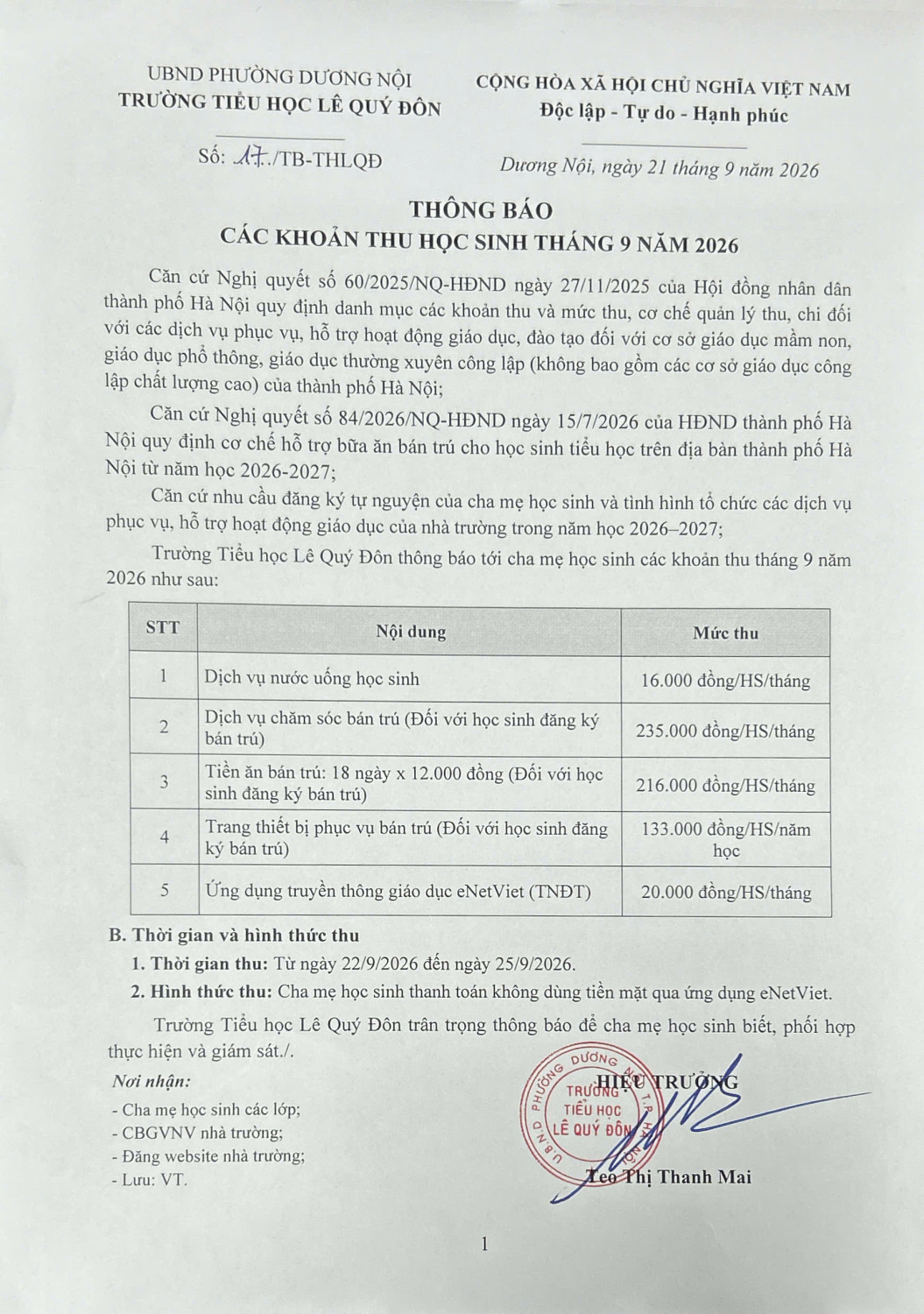 THÔNG BÁO CÁC KHOẢN THU HỌC SINH THÁNG 9 NĂM 2026
