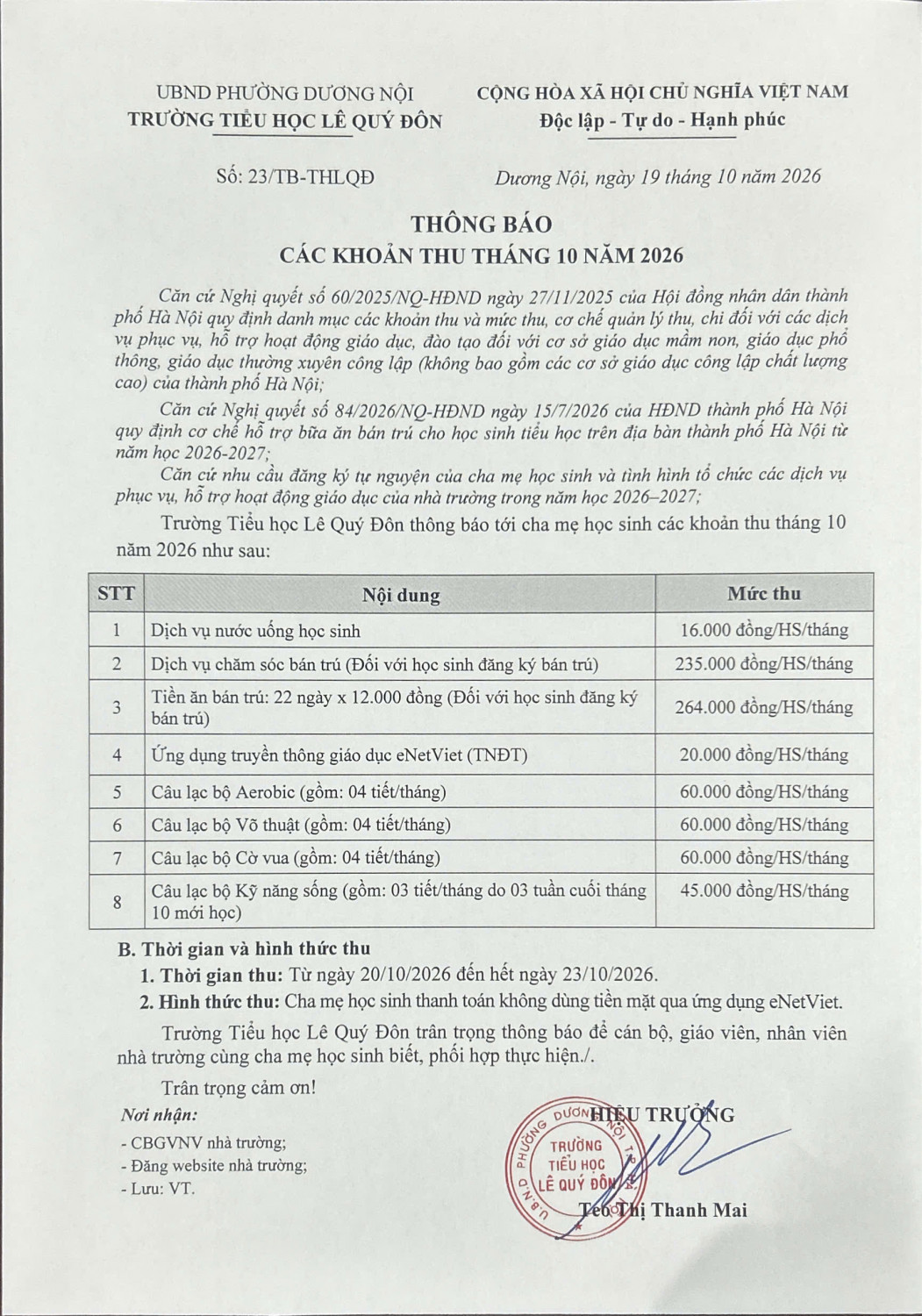 Thông báo các khoản thu tháng 10 năm 2026