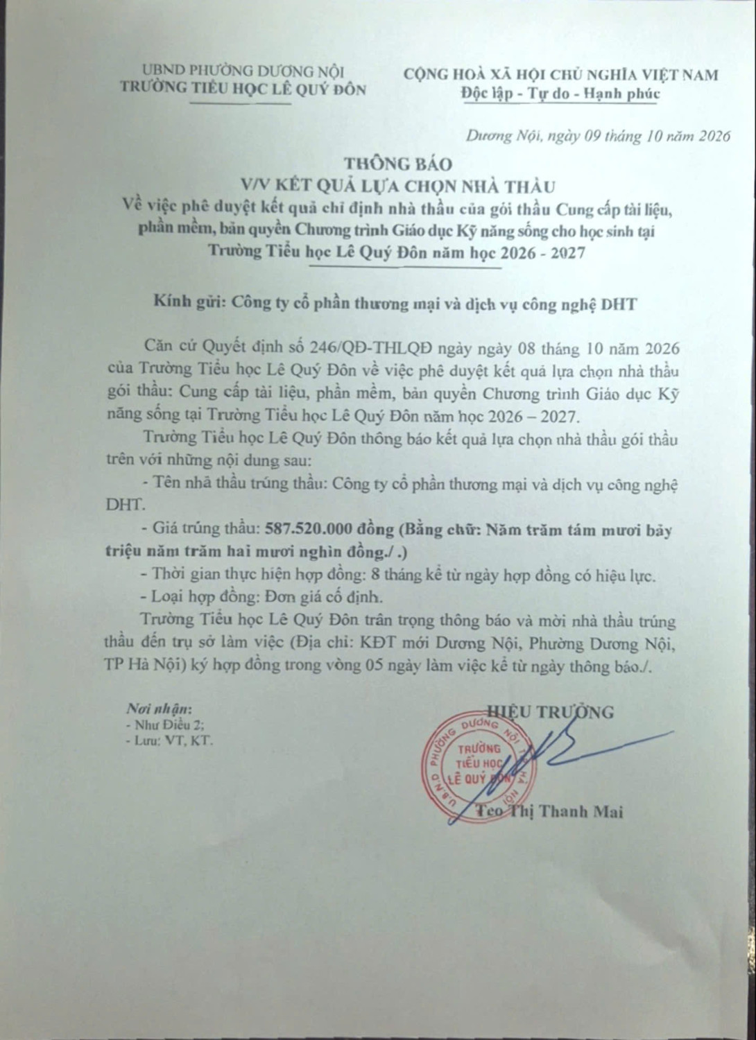 Thông báo vv kết quả lựa chọn nhà thầu, về việc phê duyệt kết quả chỉ định nhà thầu của gói thầu Cung cấp tài liệu, phần mềm, bản quyền Chương trình Giáo dục Kỹ năng sống cho học sinh tại trường Tiểu học Lê Quý Đôn năm học 2026-2027