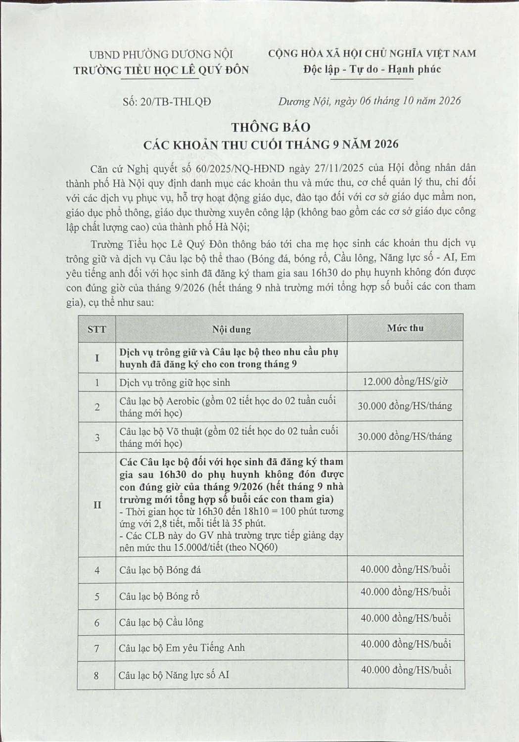 THÔNG BÁO CÁC KHOẢN THU CUỐI THÁNG 9 NĂM 2026