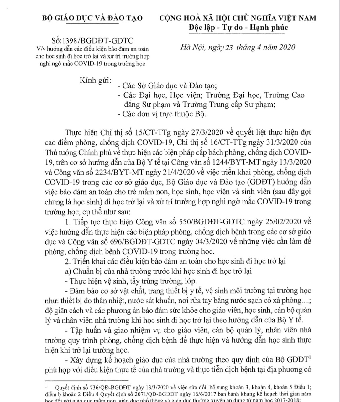 HƯỚNG DẪN CÁC ĐIỀU KIỆN BẢO ĐẢM AN TOÁN CHO HỌC SINH ĐI HỌC TRỞ LẠI VÀ XỬ TRÍ TRƯỜNG HỢP NGHI NGỜ MẮC COVID-19 TRONG TRƯỜNG HỌC.