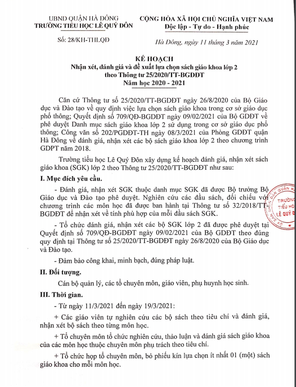 Kế hoạch đánh giá, đề xuất lựa chọn SGK lớp 2 theo Chương trình GDPT năm 2018