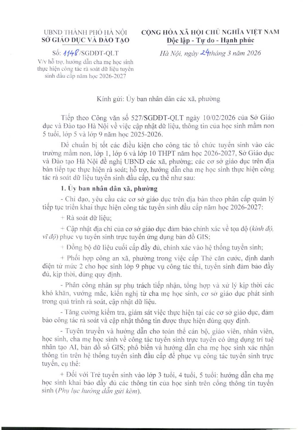 Công văn Số: 1148/SGDĐT-QLT của Sở Giáo dục Đào tạo Hà Nội về việc hỗ trợ, hướng dẫn cha mẹ học sinh thực hiện công tác rà soát dữ liệu tuyển sinh đầu cấp năm học 2026-2027